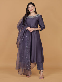 MILU MADAN - Dull Purple Pure Chanderi Mirror Work Anarkali with Pant and Dupatta
