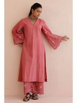 KURTISM - Old Rose Cotton Embroidered Kurta and Pant