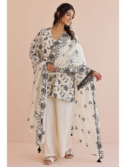 KURTISM - Ivory Embroidered Kurta with Palazzo & Dupatta