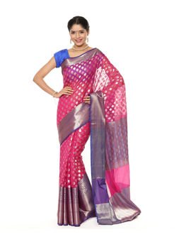 Banarasi Silk Works - Pink Zari Booti Blue Pattu Border Art Saree with Unstitched Blouse