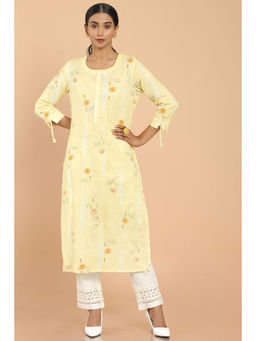 Soch - Light Yellow Linen Floral Print Kurta