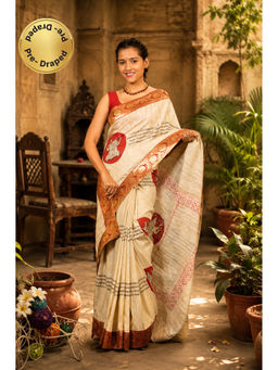 Isadora Life - Womens Printed Beige Pre-Draped Saree With Unstitched Blouse