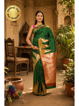 Isadora Life - Womens Woven Zari Green Pre-Draped Saree With Unstitched Blouse