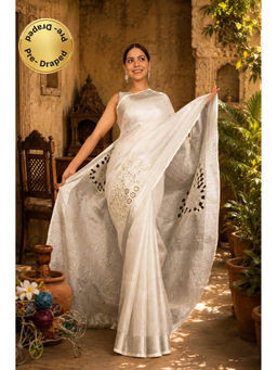 Isadora Life - Womens Embroidered Mirror Work White Pre-Draped Saree With Unstitched Blouse