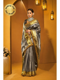 Isadora Life - Womens Woven Embroidered Grey Pre-Draped Saree With Unstitched Blouse