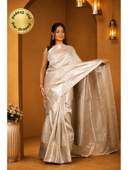 Isadora Life - Womens Woven Zari White Pre-Draped Saree With Unstitched Blouse