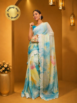 Isadora Life - Womens Tie & Dye Sequined Multi-Color Pre-Draped Saree With Unstitched Blouse