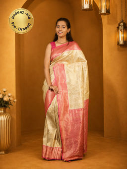 Isadora Life - Womens Woven Zari Cream Pre-Draped Saree With Unstitched Blouse