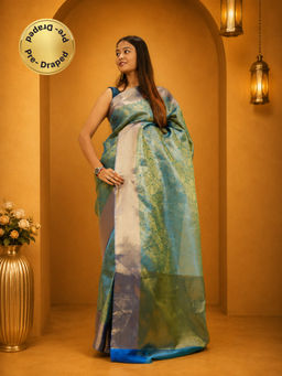 Isadora Life - Womens Floral Zari Blue Pre-Draped Saree With Unstitched Blouse
