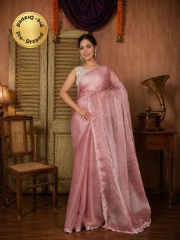Isadora Life - Womens Sequined Lace Work Pink Pre-Draped Saree With Unstitched Blouse