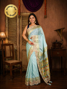 Isadora Life - Womens Embroidered Sequined Blue Pre-Draped Saree With Unstitched Blouse