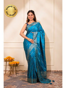 Isadora Life - Womens Sequined Zari Blue Pre-Draped Saree With Unstitched Blouse