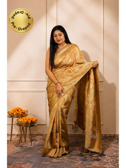 Isadora Life - Womens Woven Tassels Gold Pre-Draped Saree With Unstitched Blouse