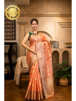 Isadora Life - Womens Woven Zari Orange Pre-Draped Saree With Unstitched Blouse