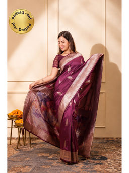 Isadora Life - Womens Woven Zari Purple Pre-Draped Saree With Unstitched Blouse