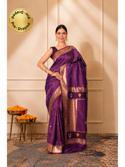 Isadora Life - Womens Woven Zari Purple Pre-Draped Saree With Unstitched Blouse