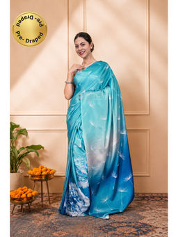 Isadora Life - Womens Printed Blue Pre-Draped Saree With Unstitched Blouse