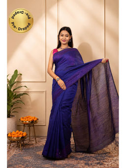 Isadora Life - Womens Sequined Thread Work Blue Pre-Draped Saree With Unstitched Blouse