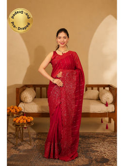 Isadora Life - Womens Embroidered Sequined Red Pre-Draped Saree With Unstitched Blouse