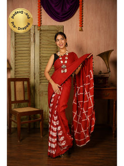 Isadora Life - Womens Hand Block Printed Red Pre-Draped Saree with Unstitched Blouse