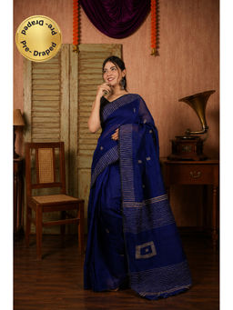 Isadora Life - Womens Woven Tassels Navy Blue Pre-Draped Saree with Unstitched Blouse
