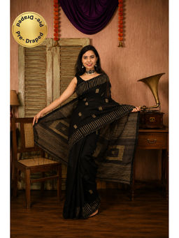 Isadora Life - Womens Stripes Tassels Black Pre-Draped Saree with Unstitched Blouse