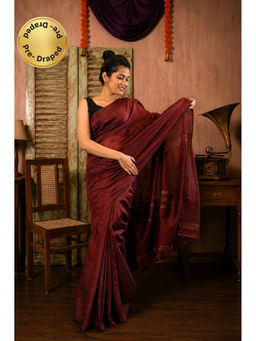 Isadora Life - Womens Woven Tassels Maroon Pre-Draped Saree With Unstitched Blouse