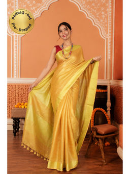 Isadora Life - Womens Woven Tassels Yellow Pre-Draped Saree With Unstitched Blouse