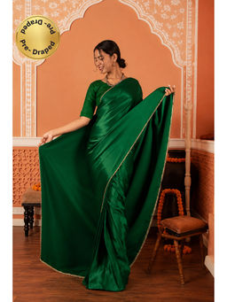 Isadora Life - Womens Solid Lace Work Green Pre-Draped Saree With Unstitched Blouse