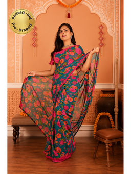 Isadora Life - Womens Floral Sequined Green Pre-Draped Saree With Unstitched Blouse