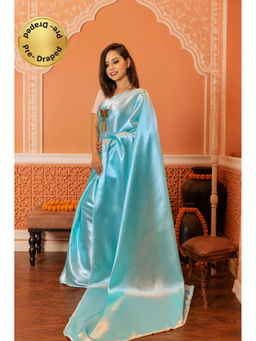 Isadora Life - Womens Solid Gota Blue Pre-Draped Saree With Unstitched Blouse