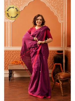 Isadora Life - Womens Solid Tassels Purple Pre-Draped Saree With Unstitched Blouse