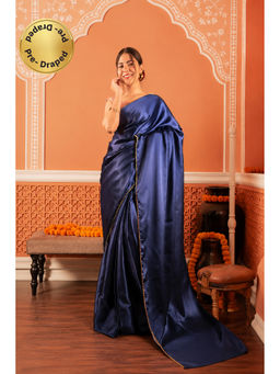 Isadora Life - Womens Solid Sequined Navy Blue Pre-Draped Saree With Unstitched Blouse