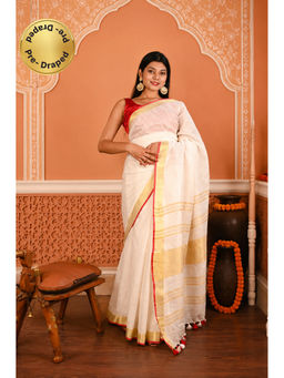 Isadora Life - Womens Woven Tassels White Pre-Draped Saree With Unstitched Blouse