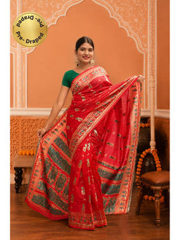 Isadora Life - Womens Woven Zari Red Pre-Draped Saree With Unstitched Blouse