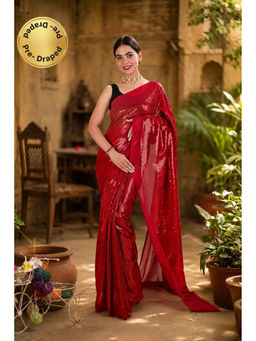Isadora Life - Womens Sequined Red Pre-Draped Saree With Unstitched Blouse
