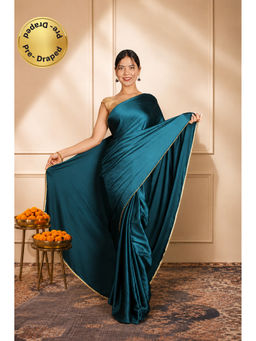 Isadora Life - Womens Solid Sequined Blue Pre-Draped Saree With Unstitched Blouse