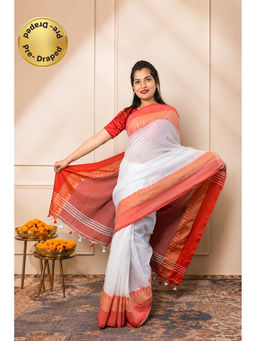 Isadora Life - Womens Woven Tassels White Pre-Draped Saree With Unstitched Blouse