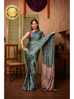 Isadora Life - Womens Printed Green Pre-Draped Saree with Unstitched Blouse