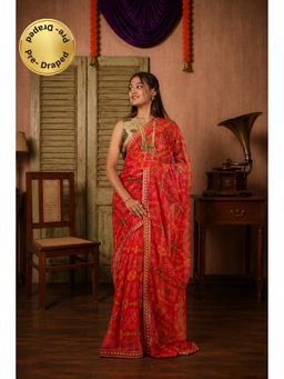 Isadora Life - Womens Bandhani Printed Red Pre-Draped Saree with Unstitched Blouse