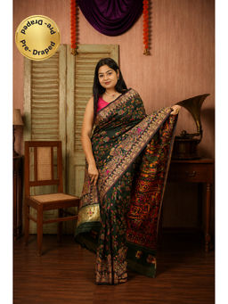 Isadora Life - Womens Printed Green Pre-Draped Saree with Unstitched Blouse