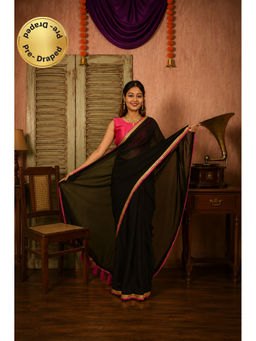 Isadora Life - Womens Solid Tassels Black Pre-Draped Saree With Unstitched Blouse