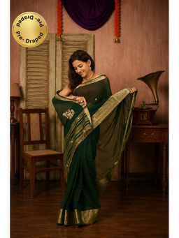 Isadora Life - Womens Embroidered Zari Green Pre-Draped Saree With Unstitched Blouse