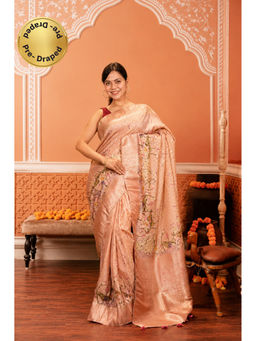 Isadora Life - Womens Woven Zari Beige Pre-Draped Saree With Unstitched Blouse
