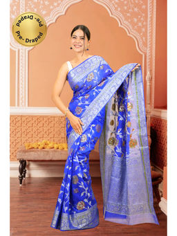 Isadora Life - Womens Woven Zari Blue Pre-Draped Saree With Unstitched Blouse