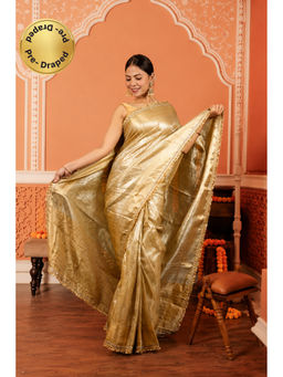 Isadora Life - Womens Woven Zari Gold Pre-Draped Saree With Unstitched Blouse