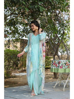 Anastay Clothing - Aqua Chinon Gown with Chiffon Jacket (Set of 2)