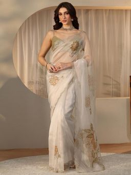 Libas - White Floral and Beads Embellished Saree with Embellished Border