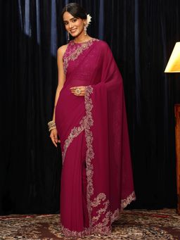 Libas - Pink Solid Saree with Floral Beads Embroidered Border