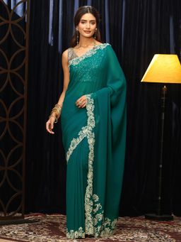 Libas - Green Solid Saree with Floral Beads Embroidered Border